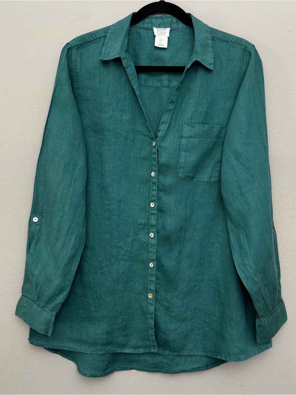 Sigrid Olsen 100% Linen Roll-Tab Sleeve Button-Down Tunic Shirt Teal Green L - Picture 2 of 7